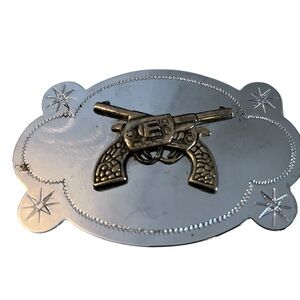 Silver Belt Buckle with Gold Revolver Design